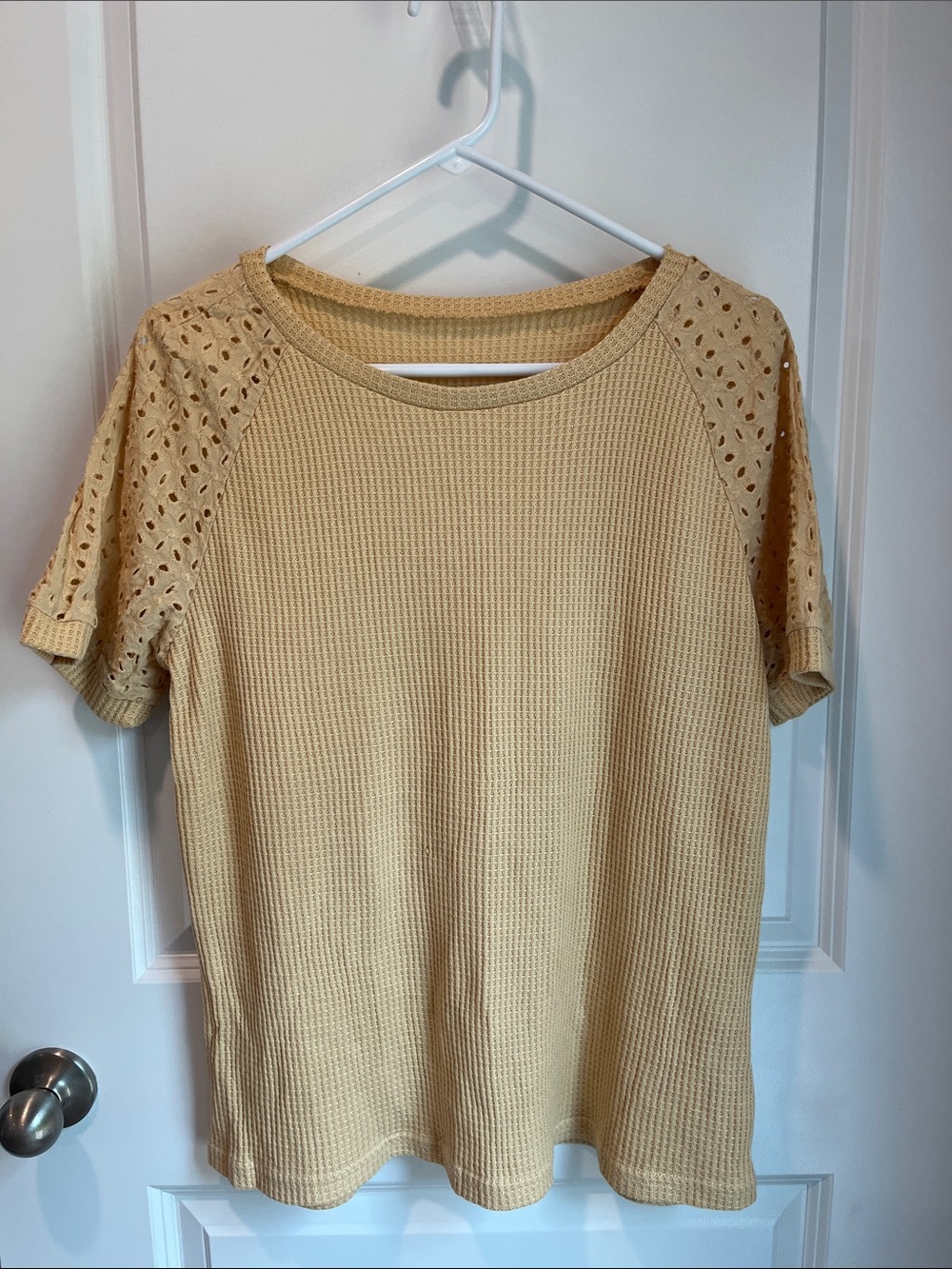 Waffle Knit Short Sleeve Top with Eyelet Sleeves - light yellow
